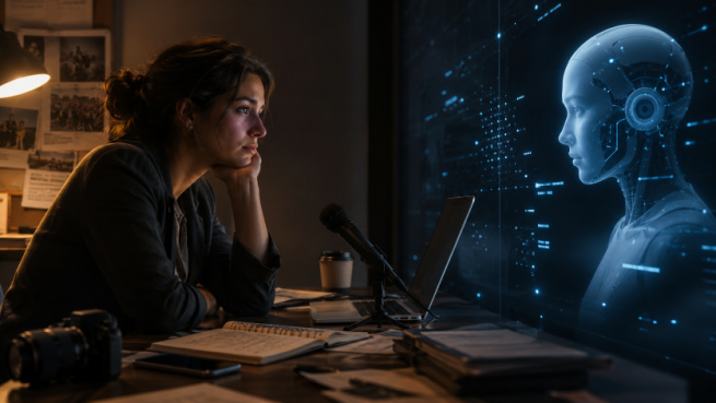 Woman communicating with AI